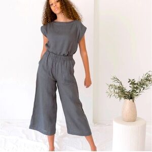 Laude the‎ Label Organic Linen Everyday Crop Wide Pants and Top Set Mineral S